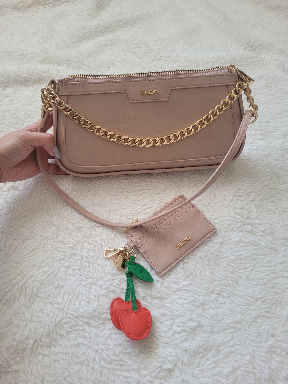 ALDO Dusty Pink Chain-Trim Shoulder Bag with Cherry Charm